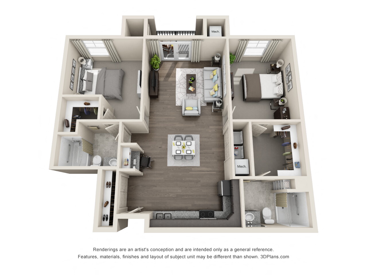 Floor plan for 2 beds, 2 baths, 1145 sqft